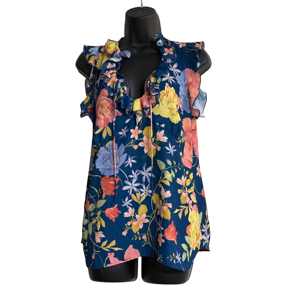 Sweet Pea New‎ York & Company Navy Floral Ruffle V-Neck Tie Blouse Top Mens M